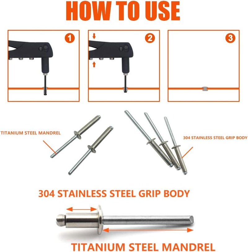 Botten 100 pcs 1/8"x 1/4" Stainless Steel Blind Pop Rivets,3.2 x 6mm Open End Type Pop Rivet Grip Range 1/8-1/4 inch - Image 2